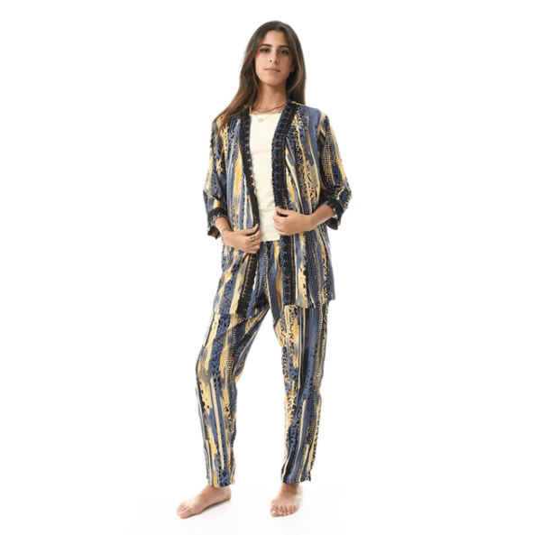 Set Of 3 Robe, Top & Pants Pajama Set for Women - Yellow