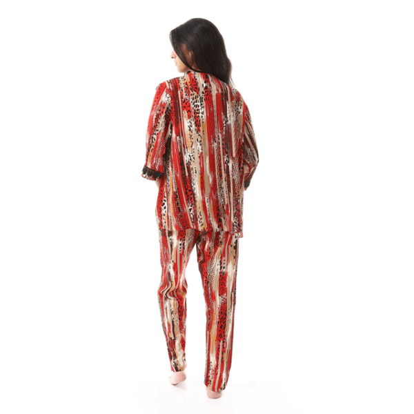 Set Of 3 Robe, Top & Pants Pajama Set for Women - Beige & Red